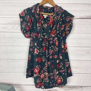 Odille Anthropologie Sz 0 XS Top Shirt Blouse 100% Silk Floral Cowl‎ Neck